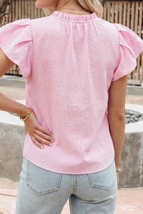 66 Stripe Short Bubble Sleeve Split V Neck Blouse (S-XL)