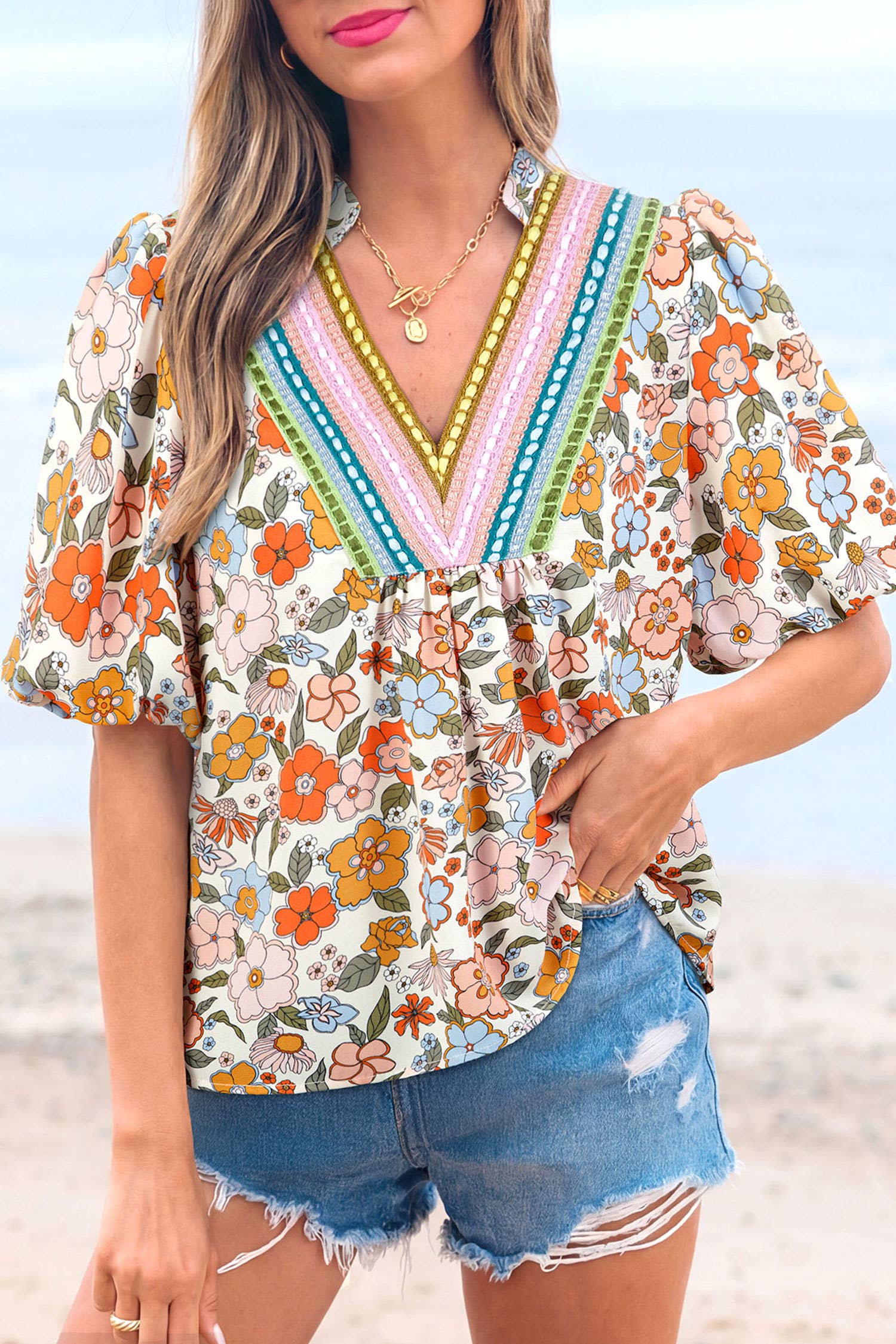 Summer Boho Crochet Floral Blouse