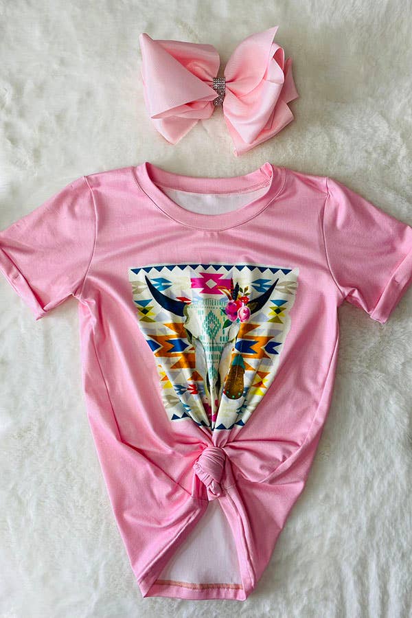 Girls’ Pink Cow Skull Aztec Print Western Tee
