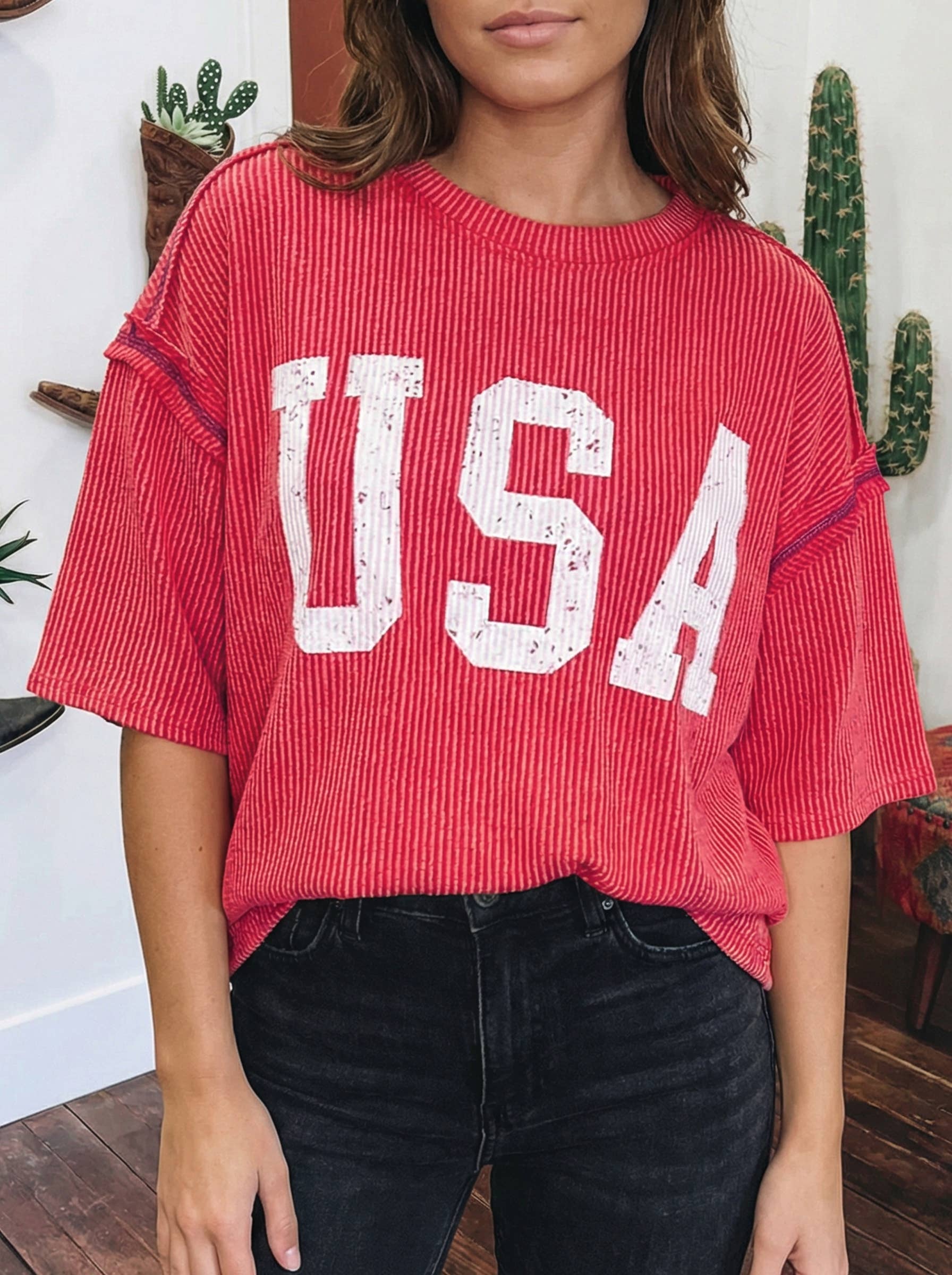 July 4th USA Letter Printed Ribbed Top
