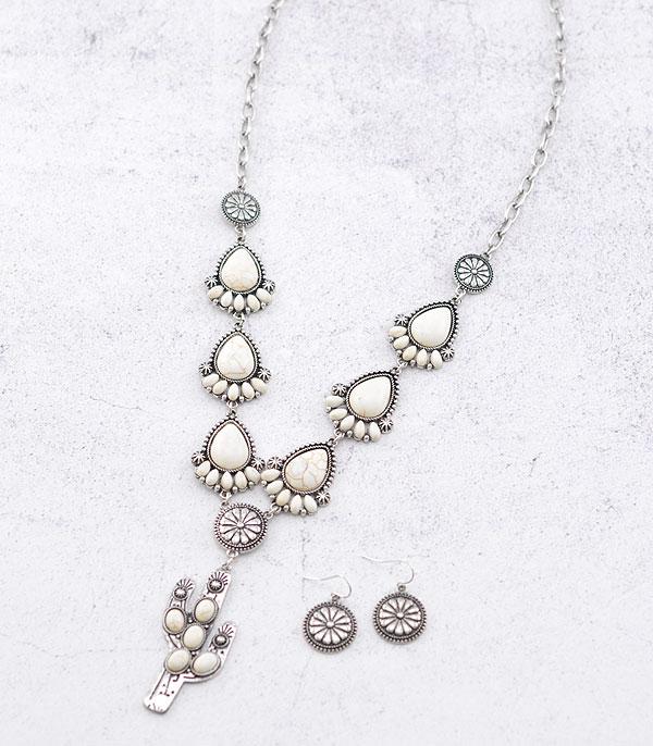 Western Cactus Semi Stone Y Necklace and Earrings