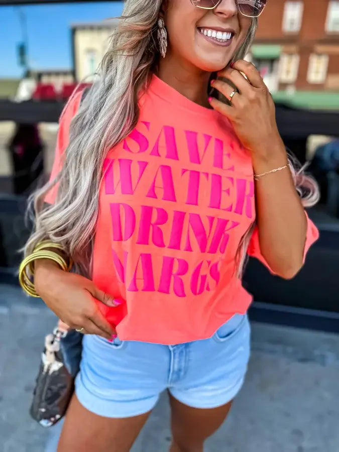 Save Water Drink Margs Pink Puff Letter Graphic Tee