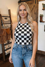 Spring Summer Checkerboard Printed Slim Tank Top