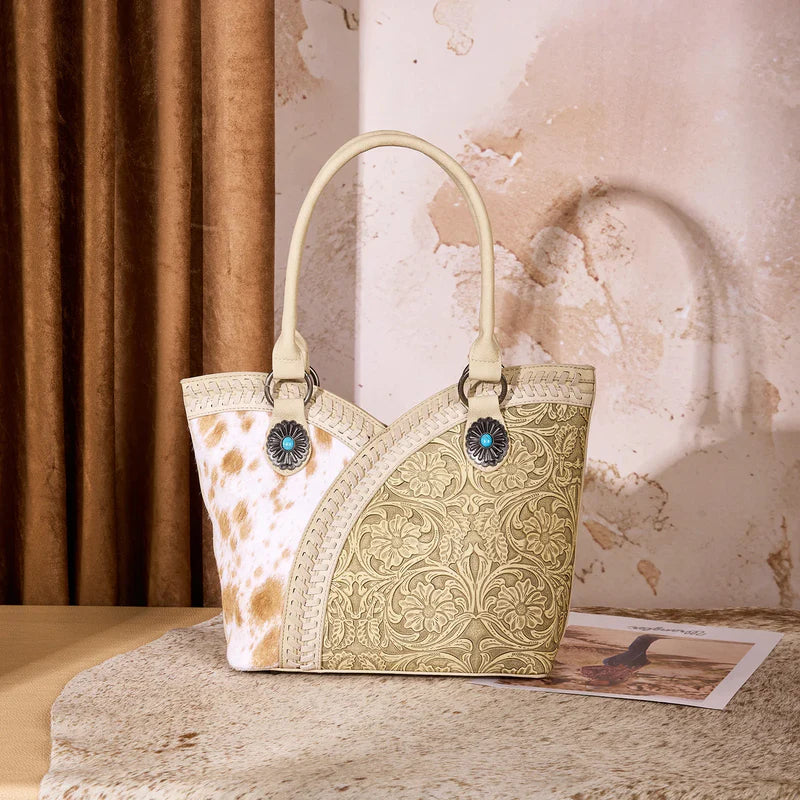 MONTANA WEST TOOLED & COWHIDE TOTE BAG (Tan Color)