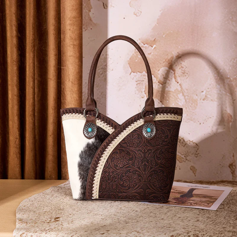 MONTANA WEST TOOLED & COWHIDE TOTE BAG (Coffee Colored)
