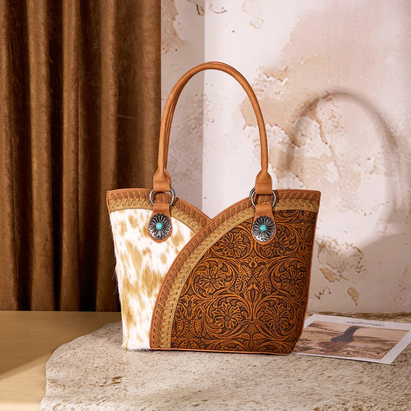 MONTANA WEST TOOLED & COWHIDE TOTE BAG (Brown Color)