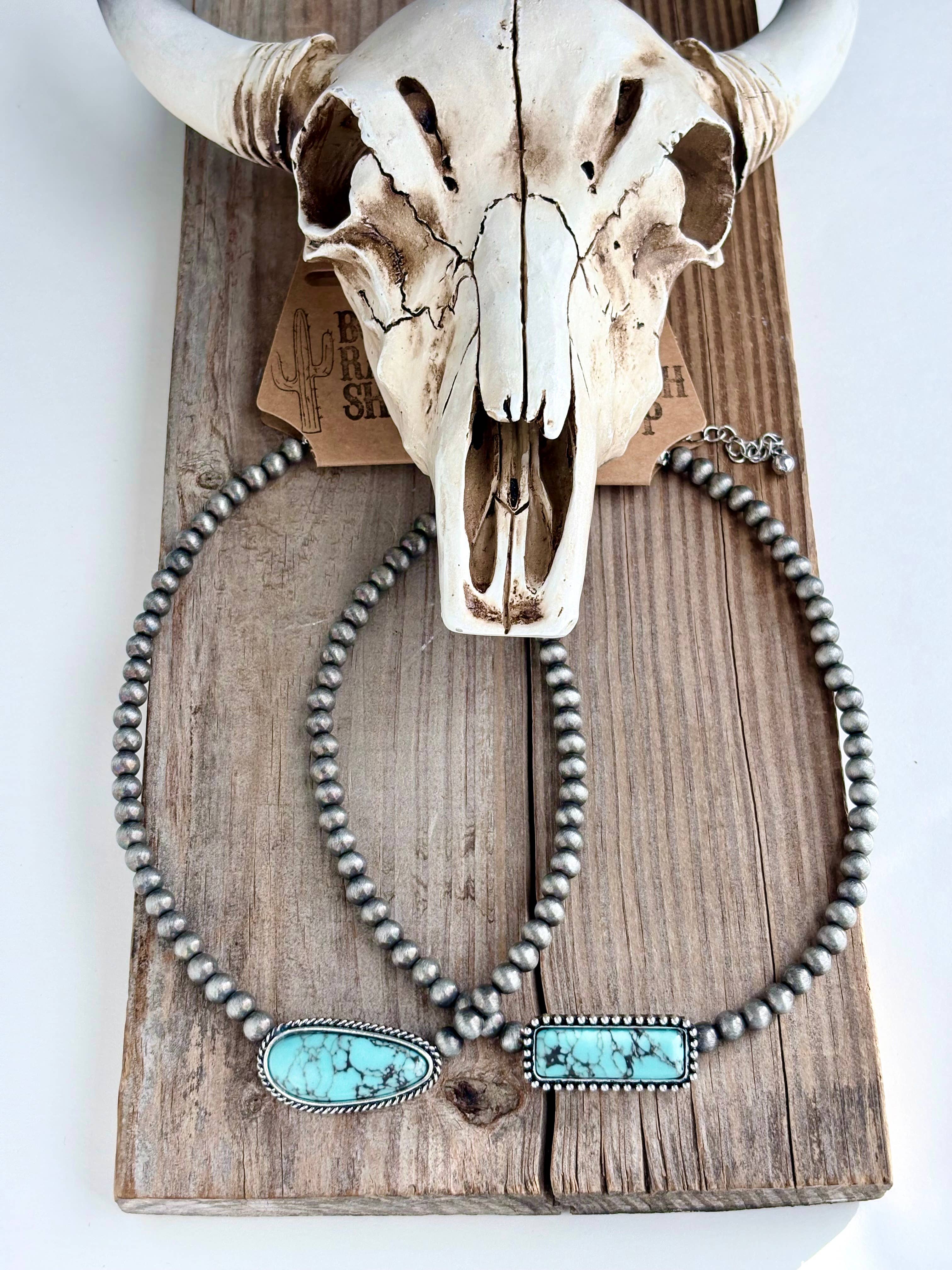 Western Turquoise Stone Pendant Navajo Pearl Choker Necklace