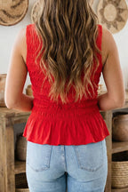 Red Shirred Sleeveless Tank Top