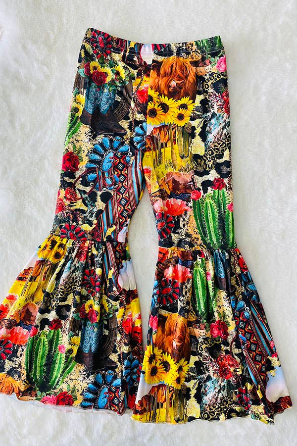 Western Sunflower Cowgirl Graphic Printed Pants for Girls