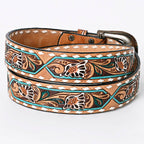 LC-ADBLF161 Tooled Leather Belt - White Daisy Floral with Teal Diamond Accents