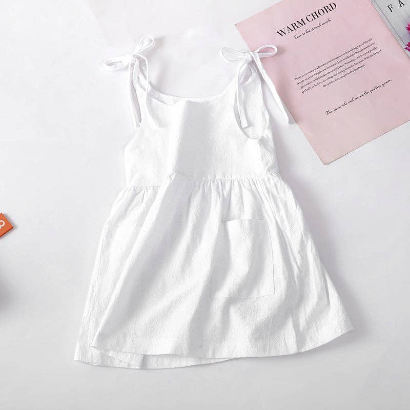 Summer solid color cotton linen pocket suspender dress
