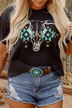 Vintage Western Bull Head Skull Turquoise Graphic T Shirt
