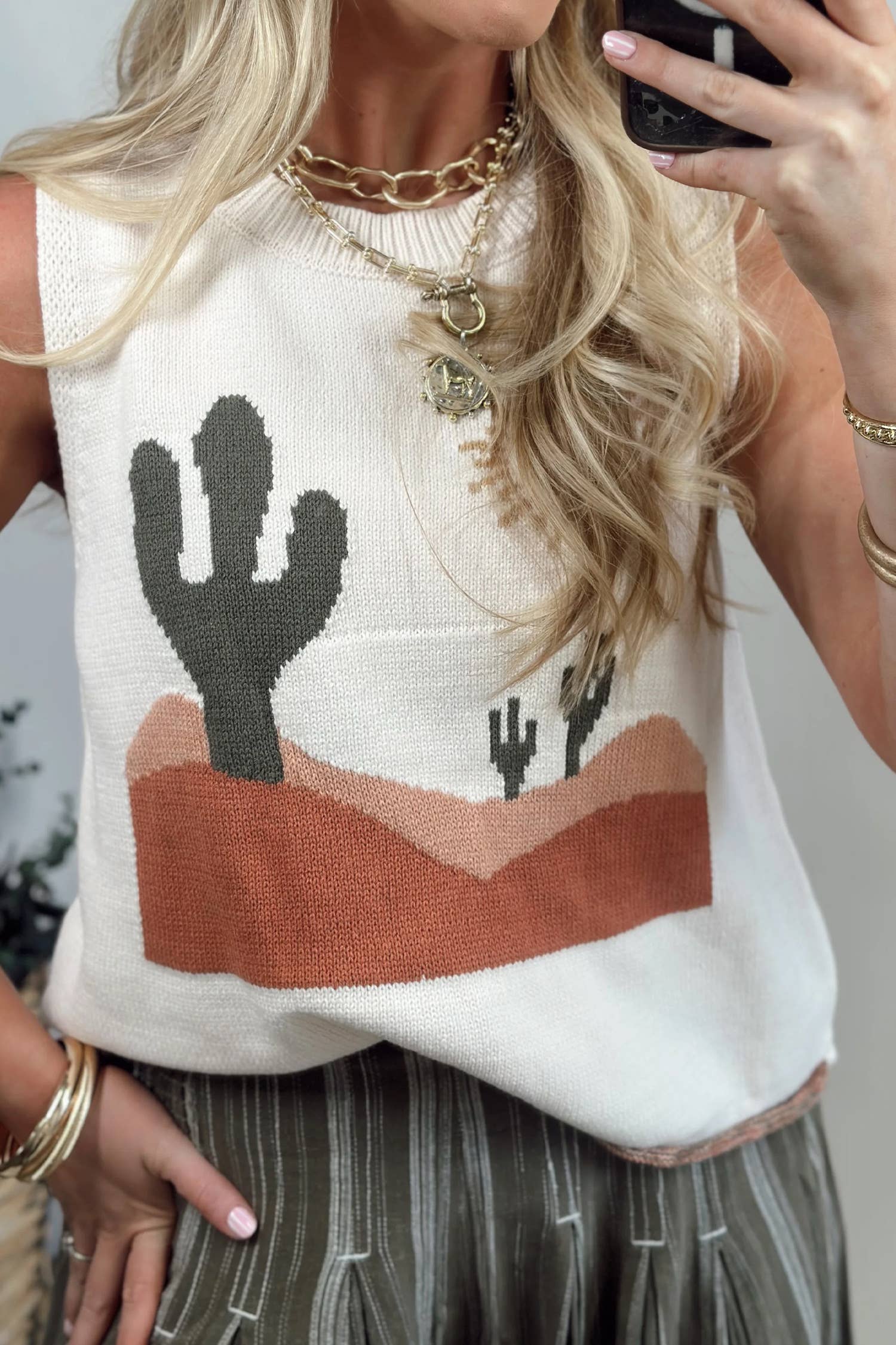 Western Print Colorblock Round Neck tank top