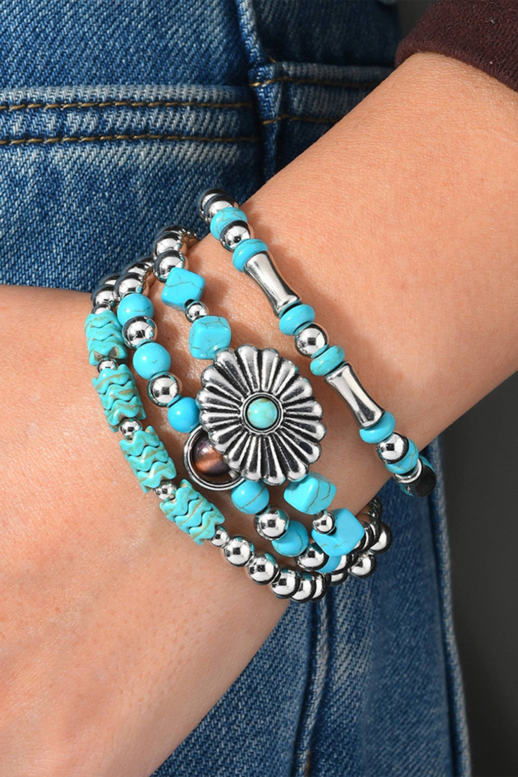 Western Concho Flower Retro Turquoise Bracelets 4pcs Set