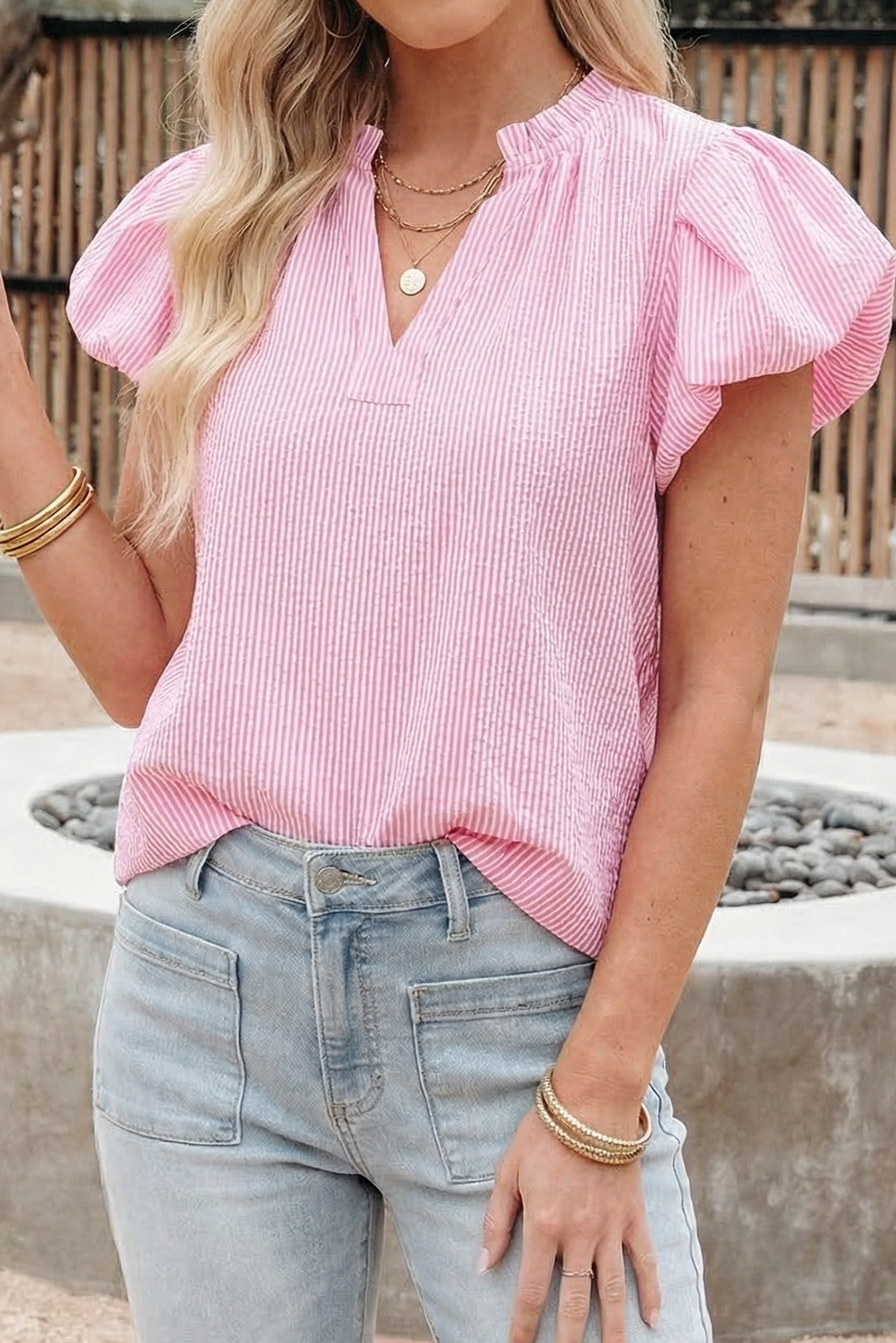 66 Stripe Short Bubble Sleeve Split V Neck Blouse (S-XL)