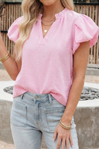 66 Stripe Short Bubble Sleeve Split V Neck Blouse (S-XL)