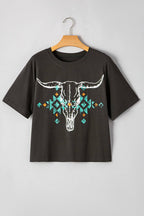 Vintage Western Bull Head Skull Turquoise Graphic T Shirt