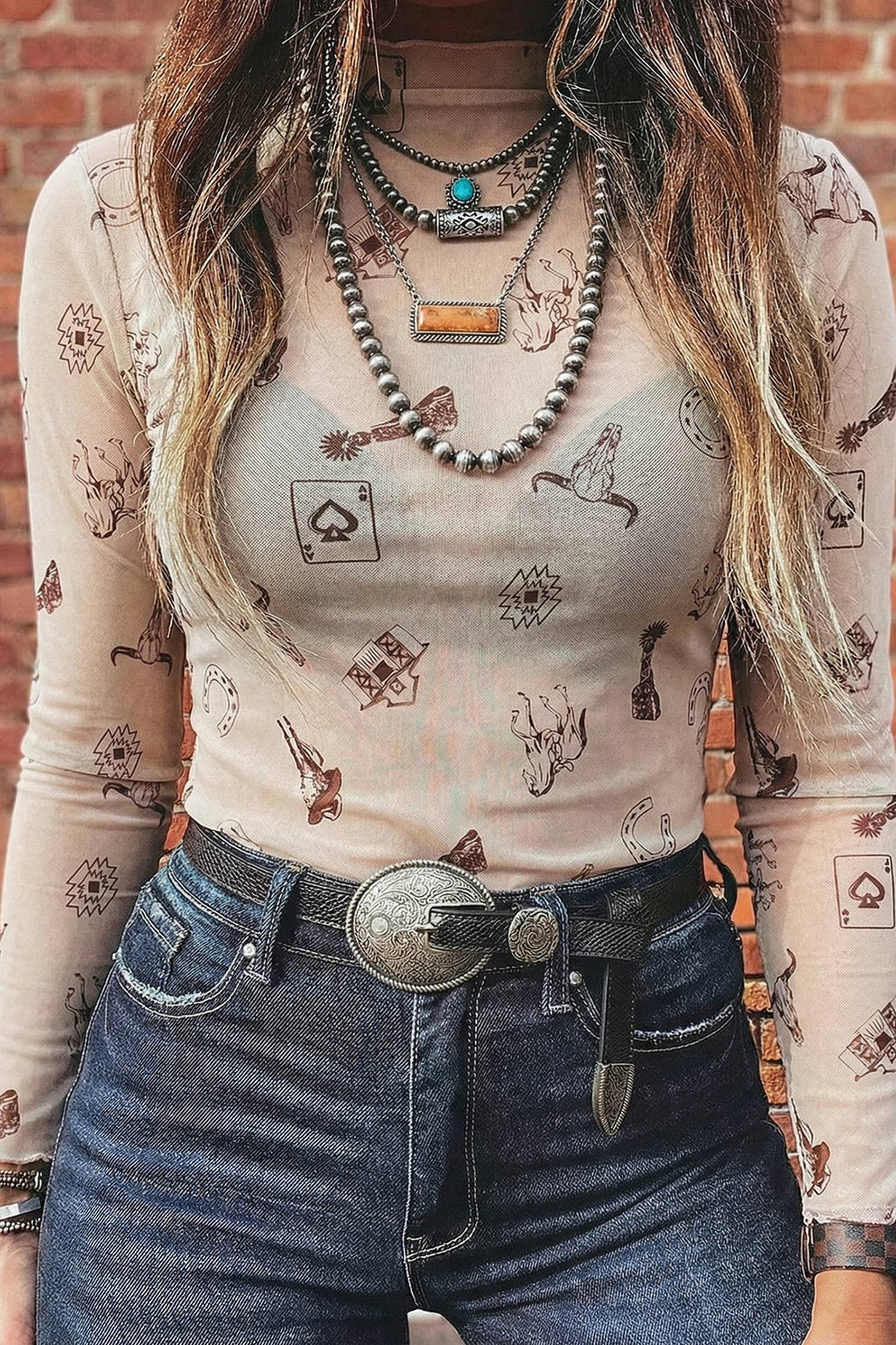 Floral Western Mesh Mock Neck Sheer Slim Fit Blouse (S-4X)