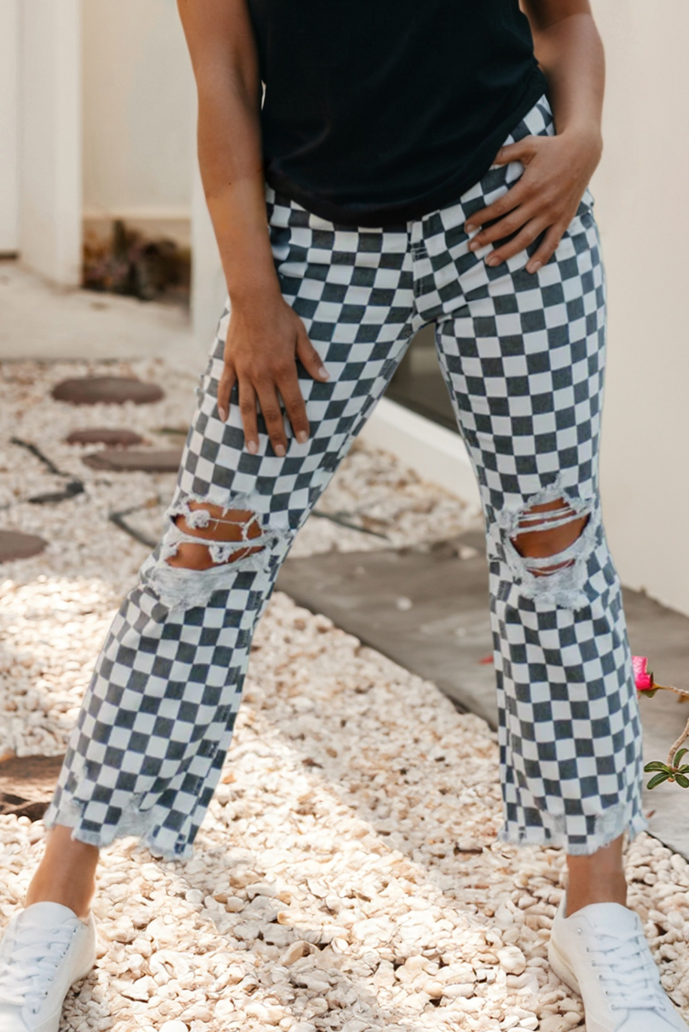 Western Checkered Distressed Cropped Jeans