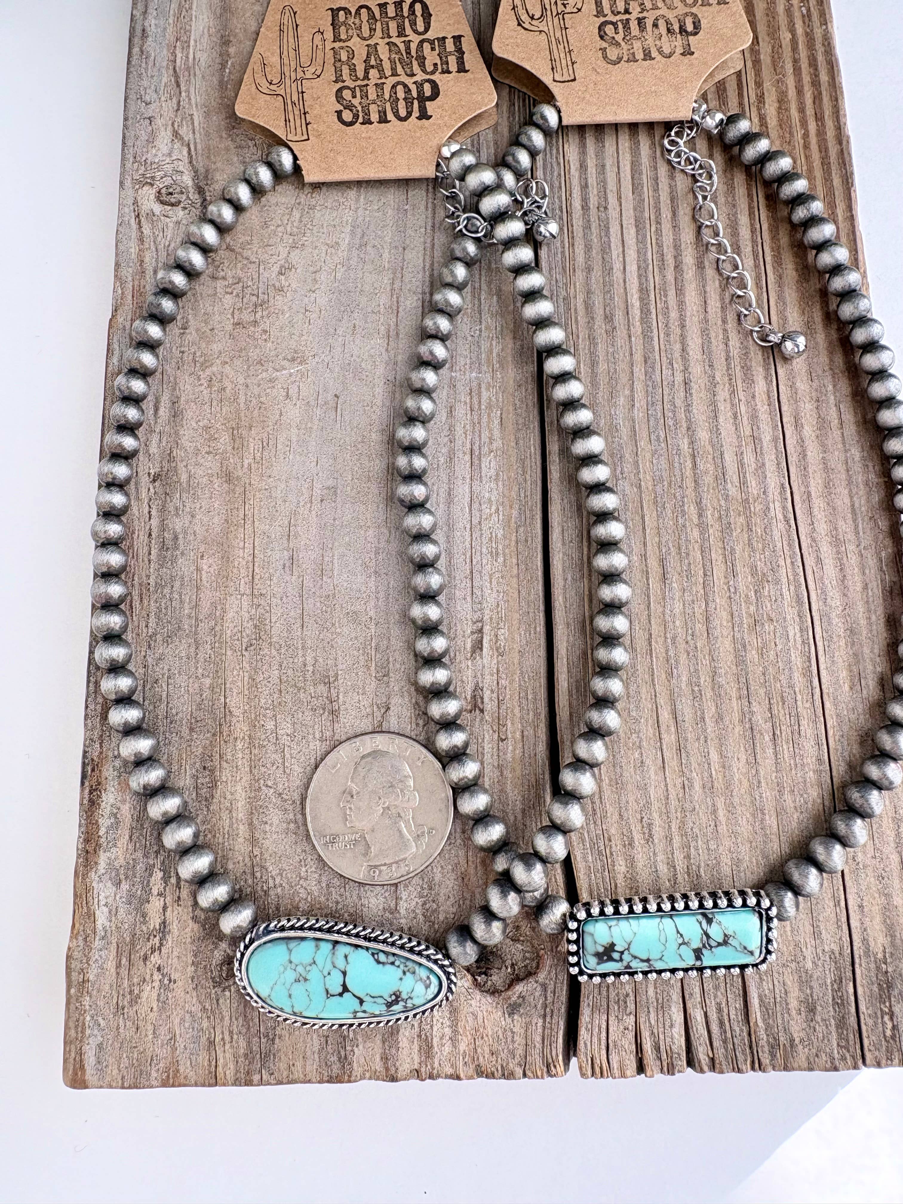 Western Turquoise Stone Pendant Navajo Pearl Choker Necklace