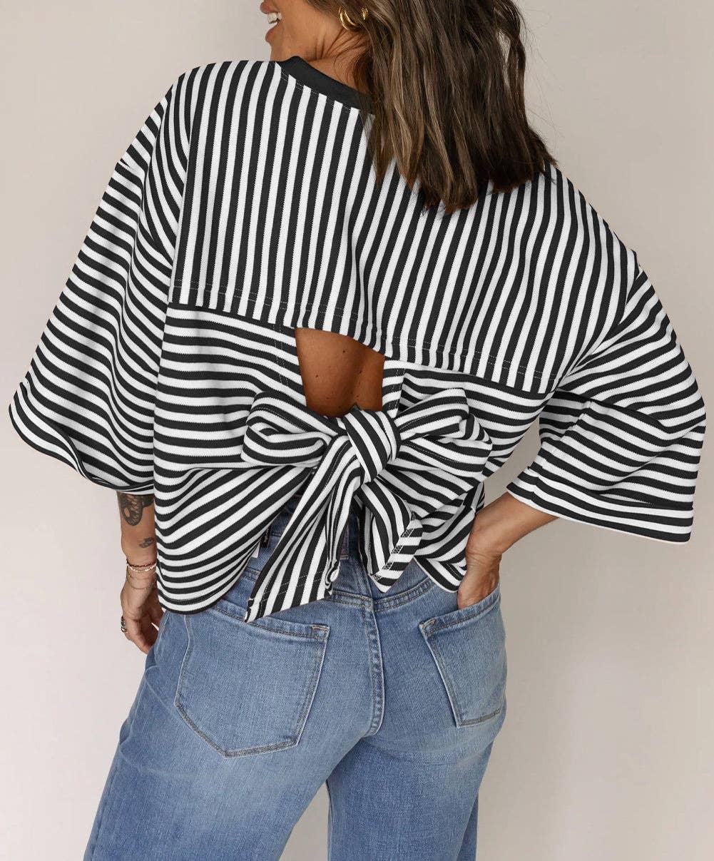 Black and White Striped Back Tie Bow Knit Top