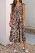 Ruffled Straps Smocked Tiered Leopard Maxi Dress