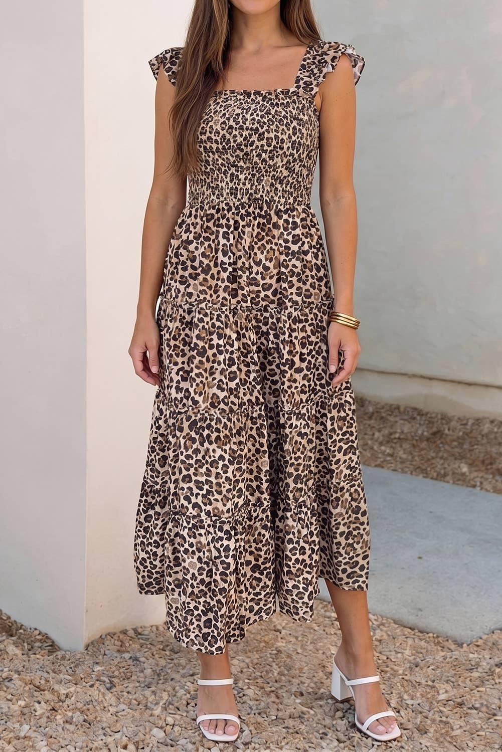 Ruffled Straps Smocked Tiered Leopard Maxi Dress