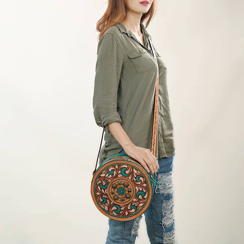 Genuine Western Leather Women Canteen Bag- Teal