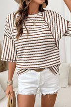 Stripe Textured Knit Split Hem Half Sleeve Loose Top *S-4X