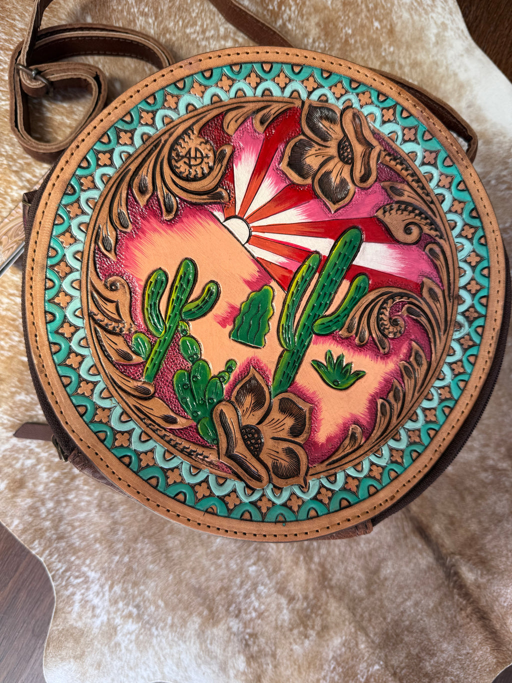 Genuine Western Leather Women Canteen Bag- Cactus