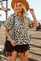 Western Leopard Bubble Sleeve Bow Tie Front Peplum Blouse