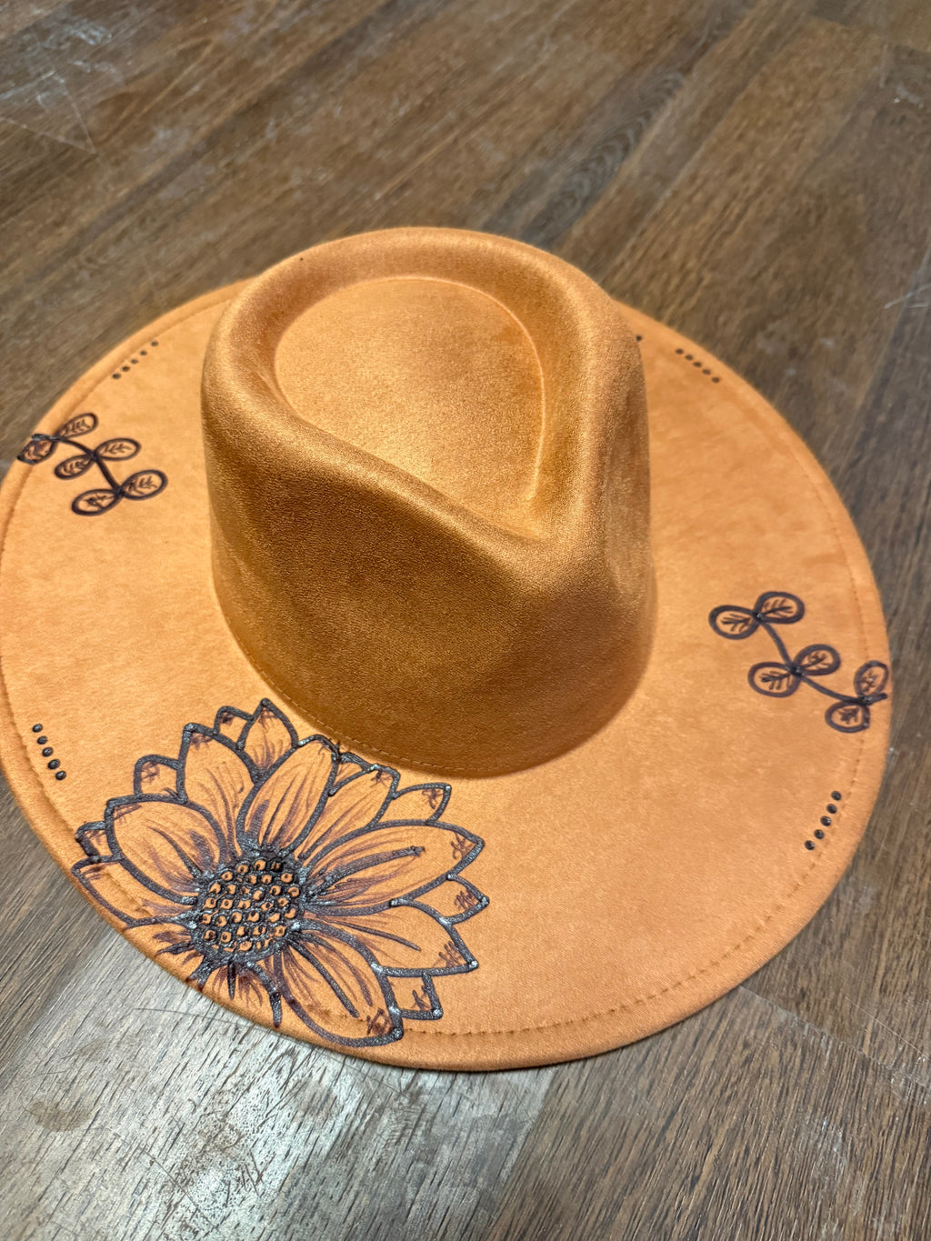 Hand-Burned Vegan Suede Hat 4” Brim, Adjustable Drawstring