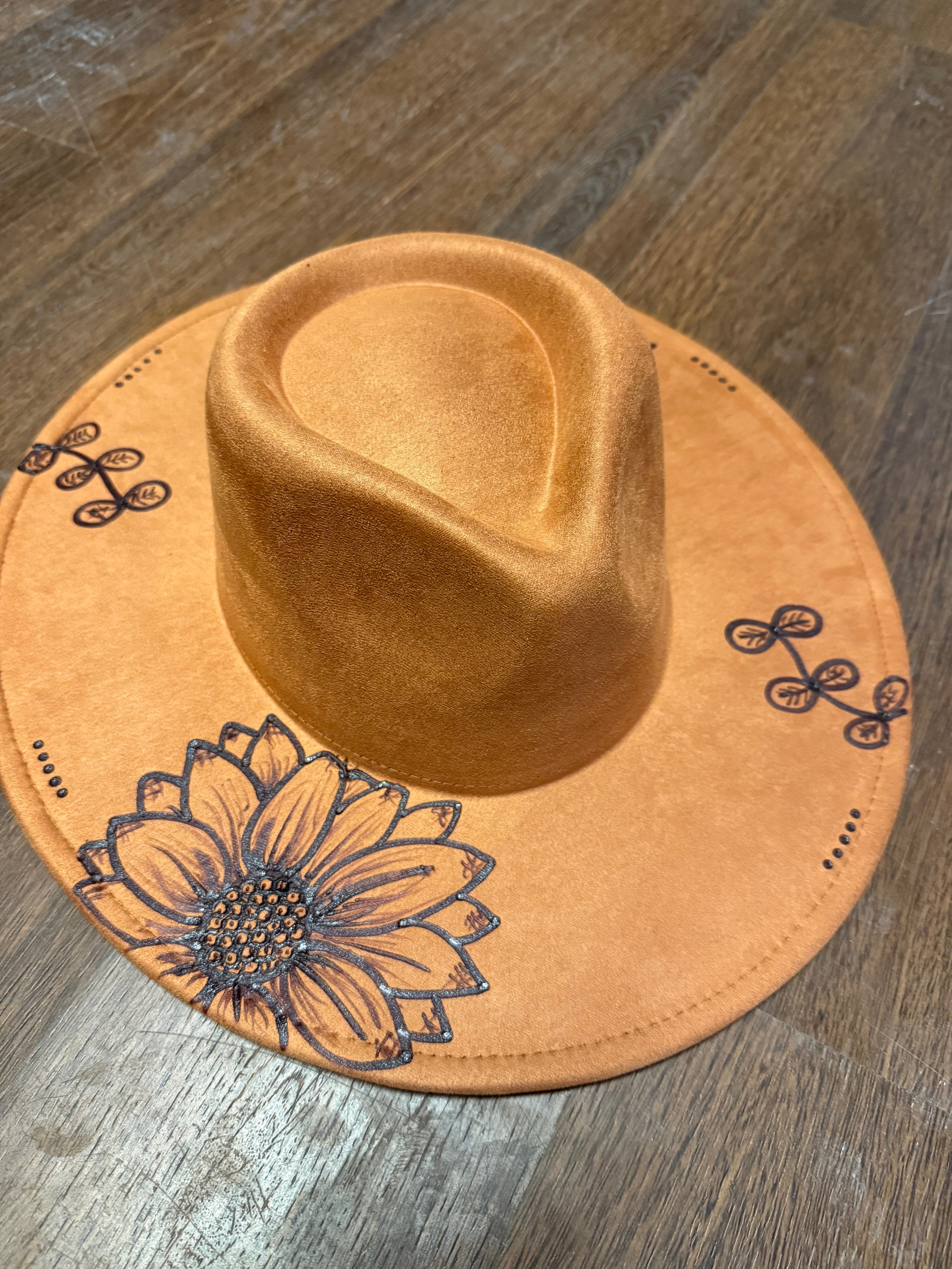 Hand-Burned Vegan Suede Hat 4” Brim, Adjustable Drawstring