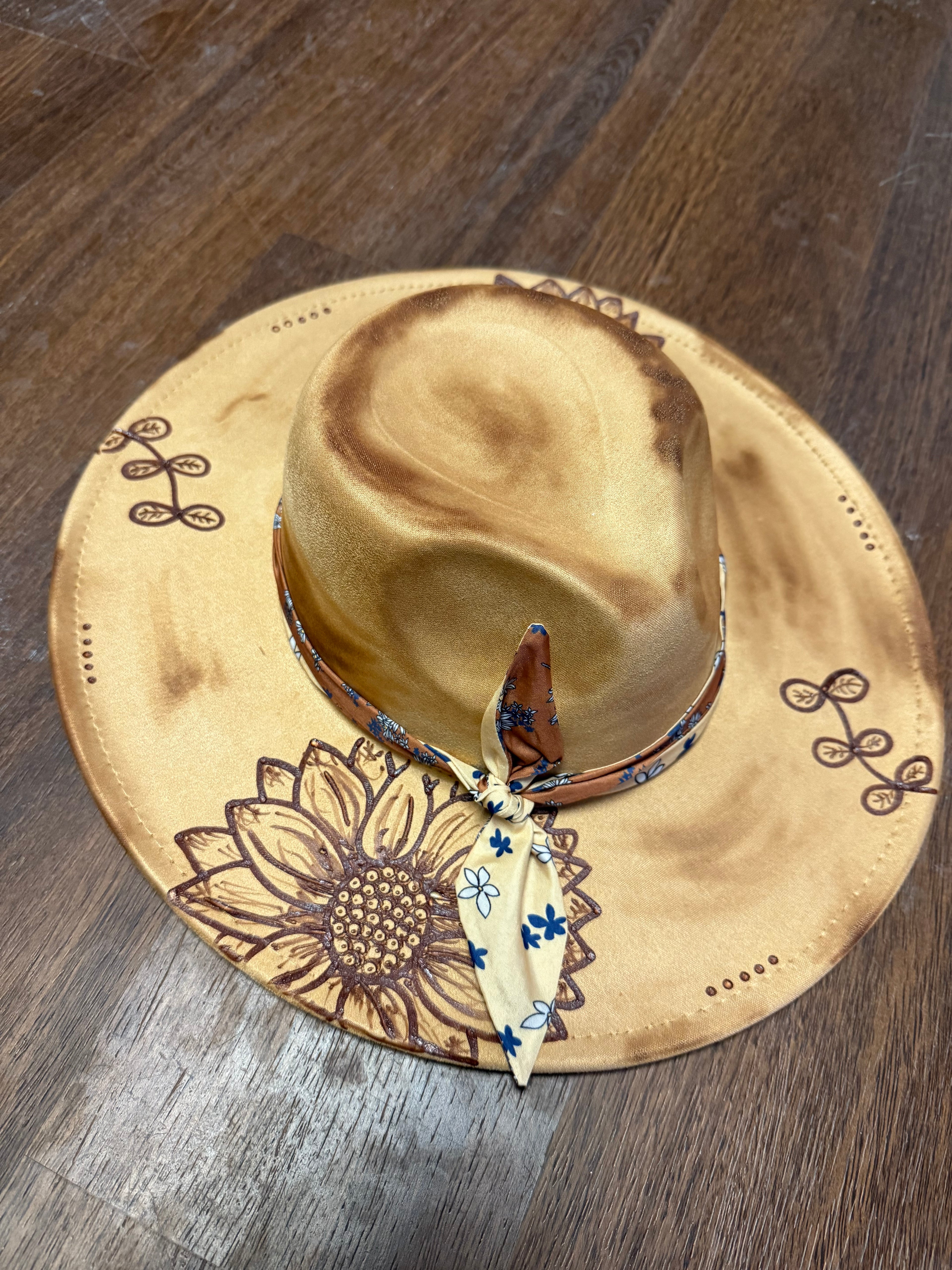 Hand-Burned Vegan Suede Hat 4” Brim, Adjustable Drawstring