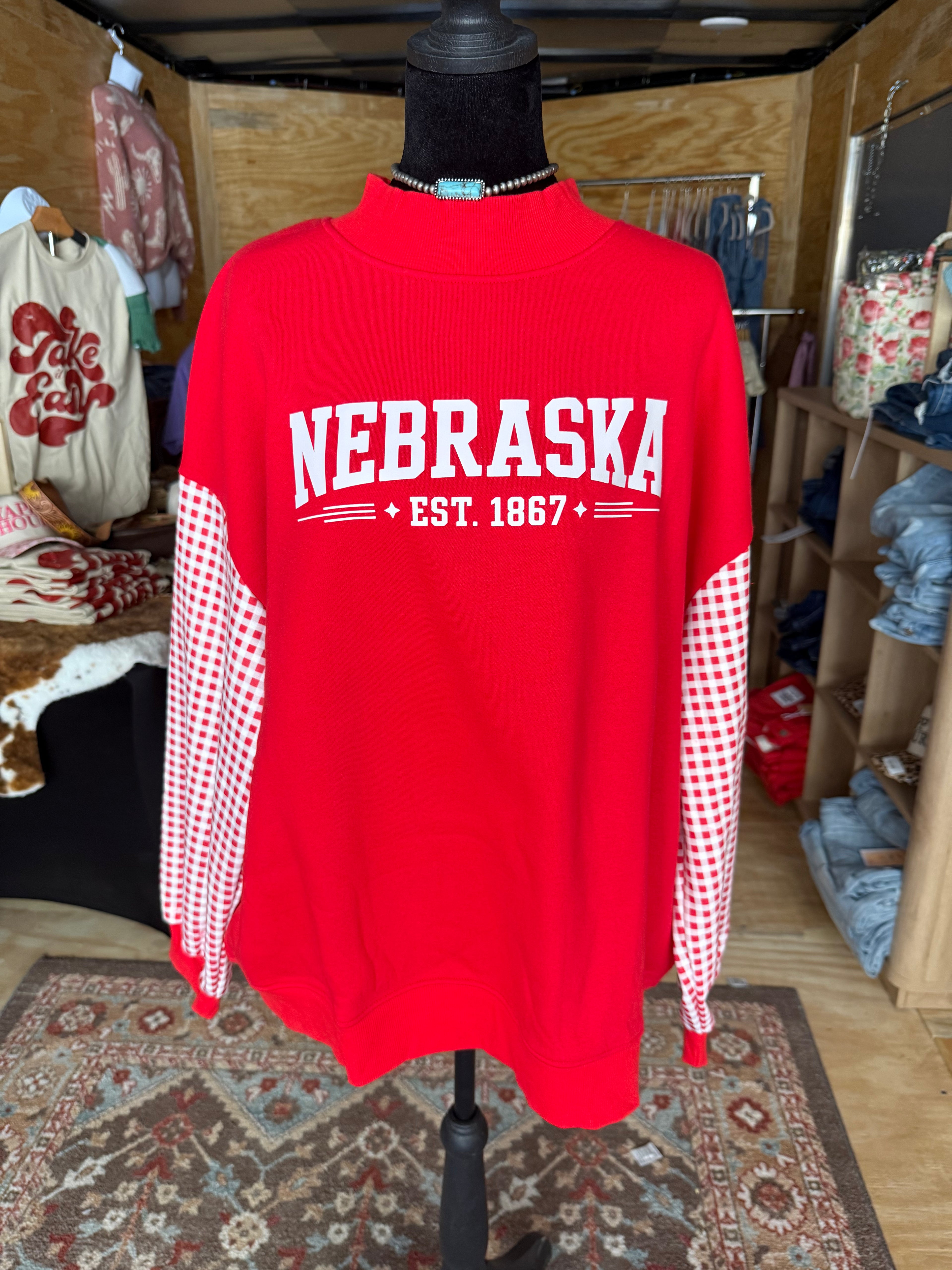 NE Gingham Sleeve Mock Neck