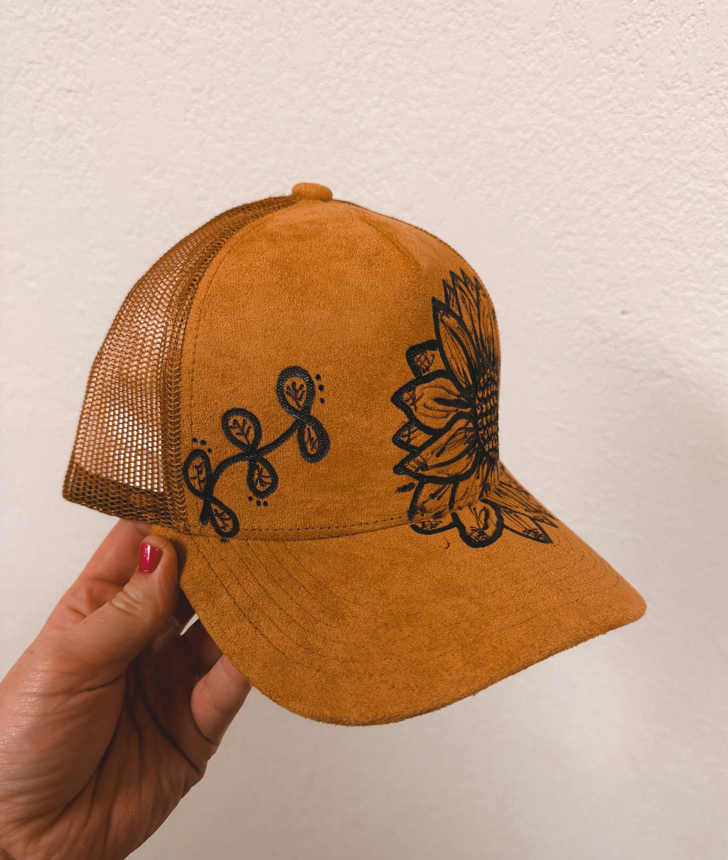 Hand Burned Sunflower Trucker Hat
