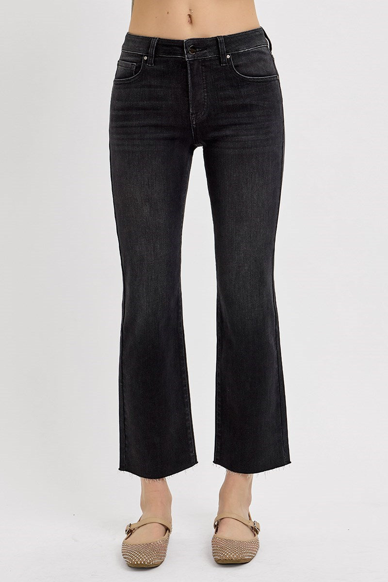 Risen Tummy Control Mid Rise Crop Straight Jeans (Black)