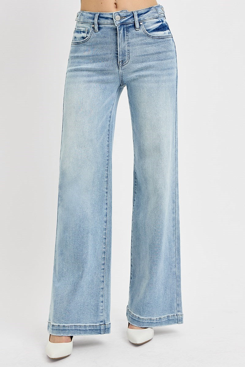 Risen Tummy Control High Rise Wide Leg Adjustable Waist Band Jeans. (Plus Size)