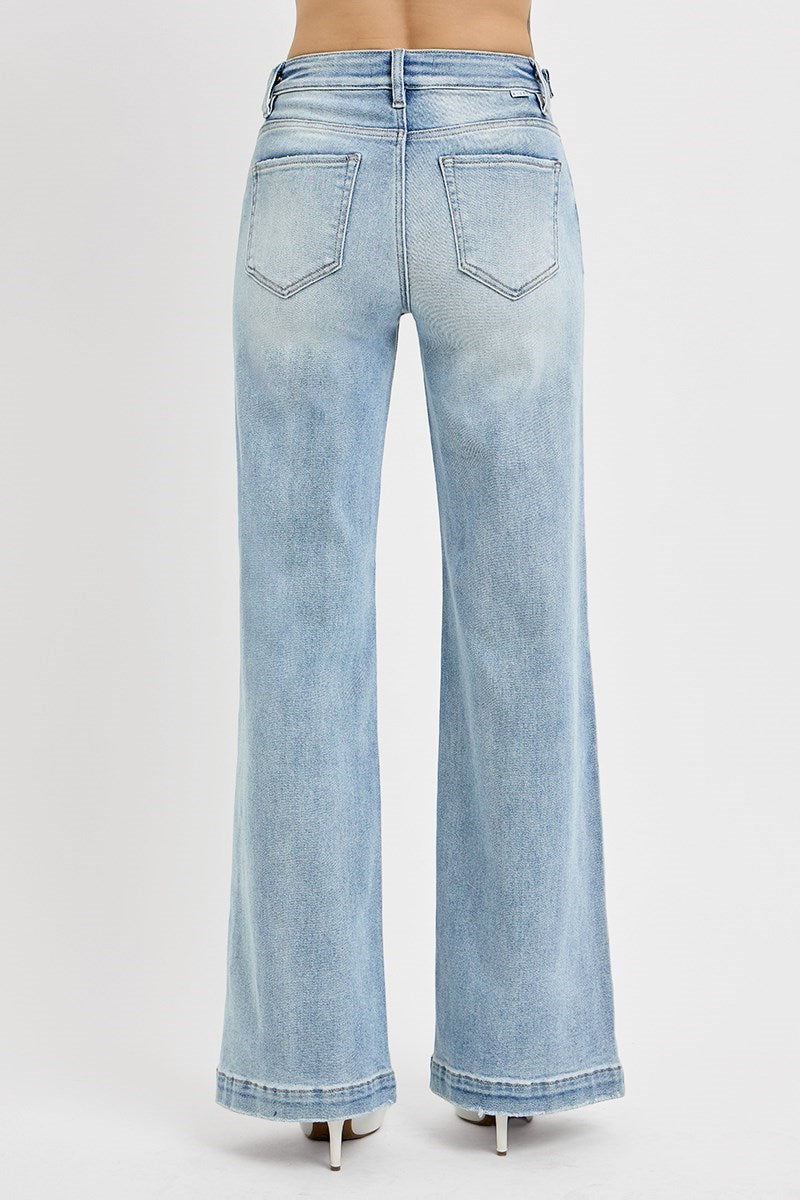 Risen Tummy Control High Rise Wide Leg Adjustable Waist Band Jeans. (Plus Size)