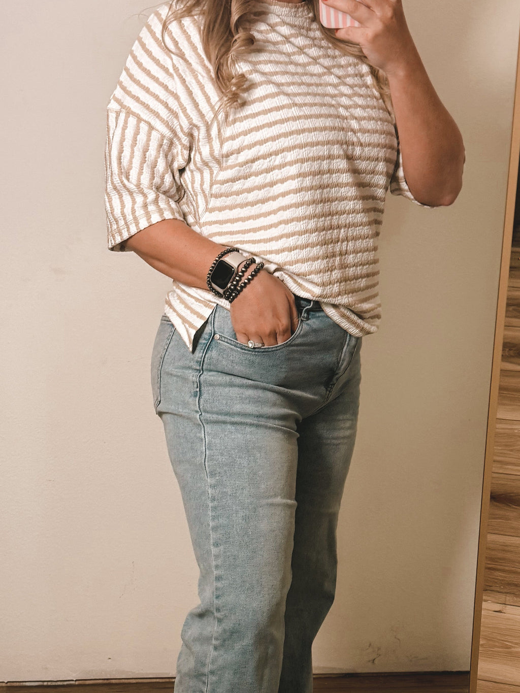 Stripe Textured Knit Split Hem Half Sleeve Loose Top *S-4X