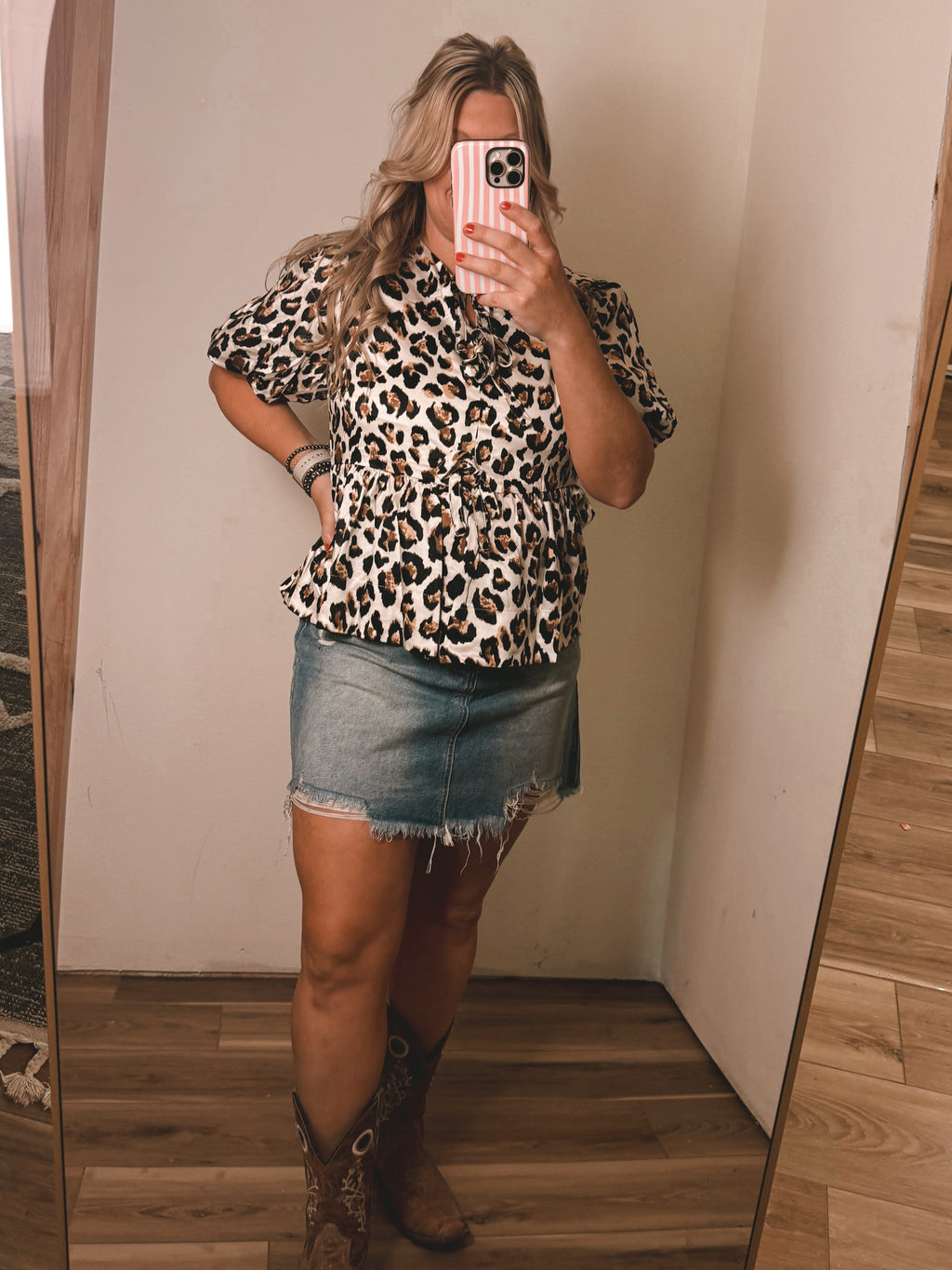 Western Leopard Bubble Sleeve Bow Tie Front Peplum Blouse