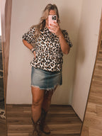 Western Leopard Bubble Sleeve Bow Tie Front Peplum Blouse