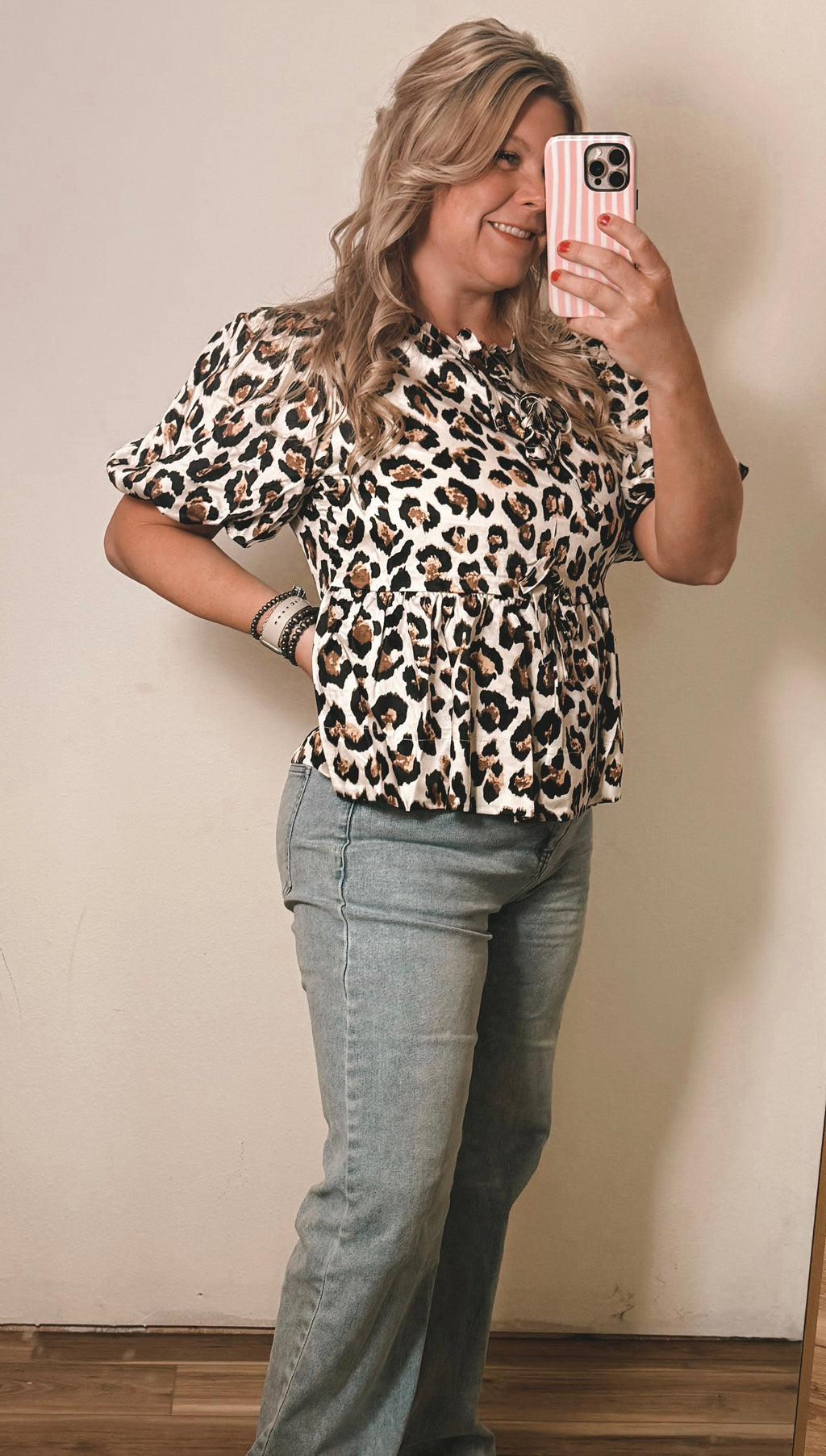 Western Leopard Bubble Sleeve Bow Tie Front Peplum Blouse