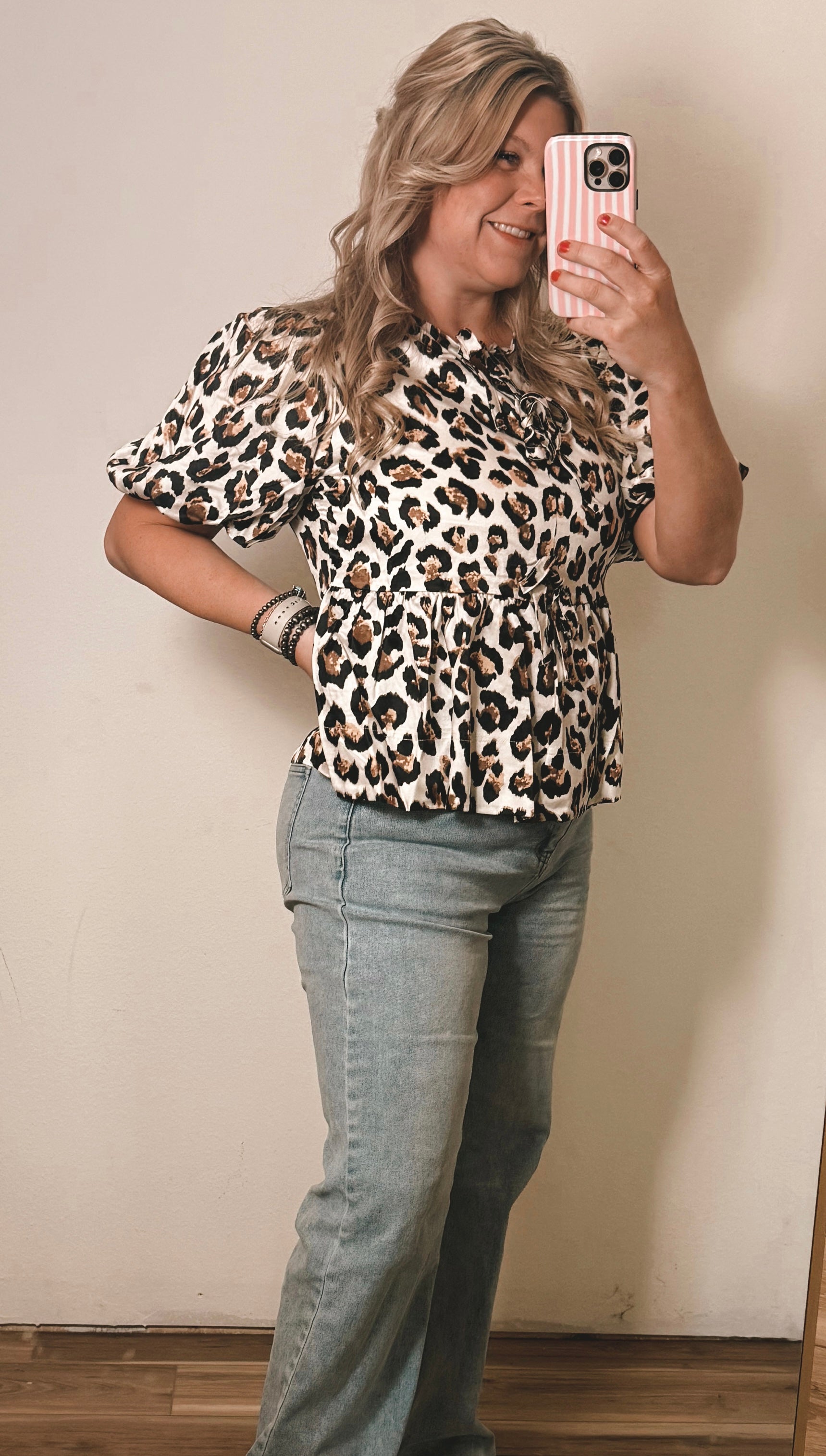 Western Leopard Bubble Sleeve Bow Tie Front Peplum Blouse