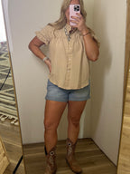V-neck Short Sleeved Pleated Top