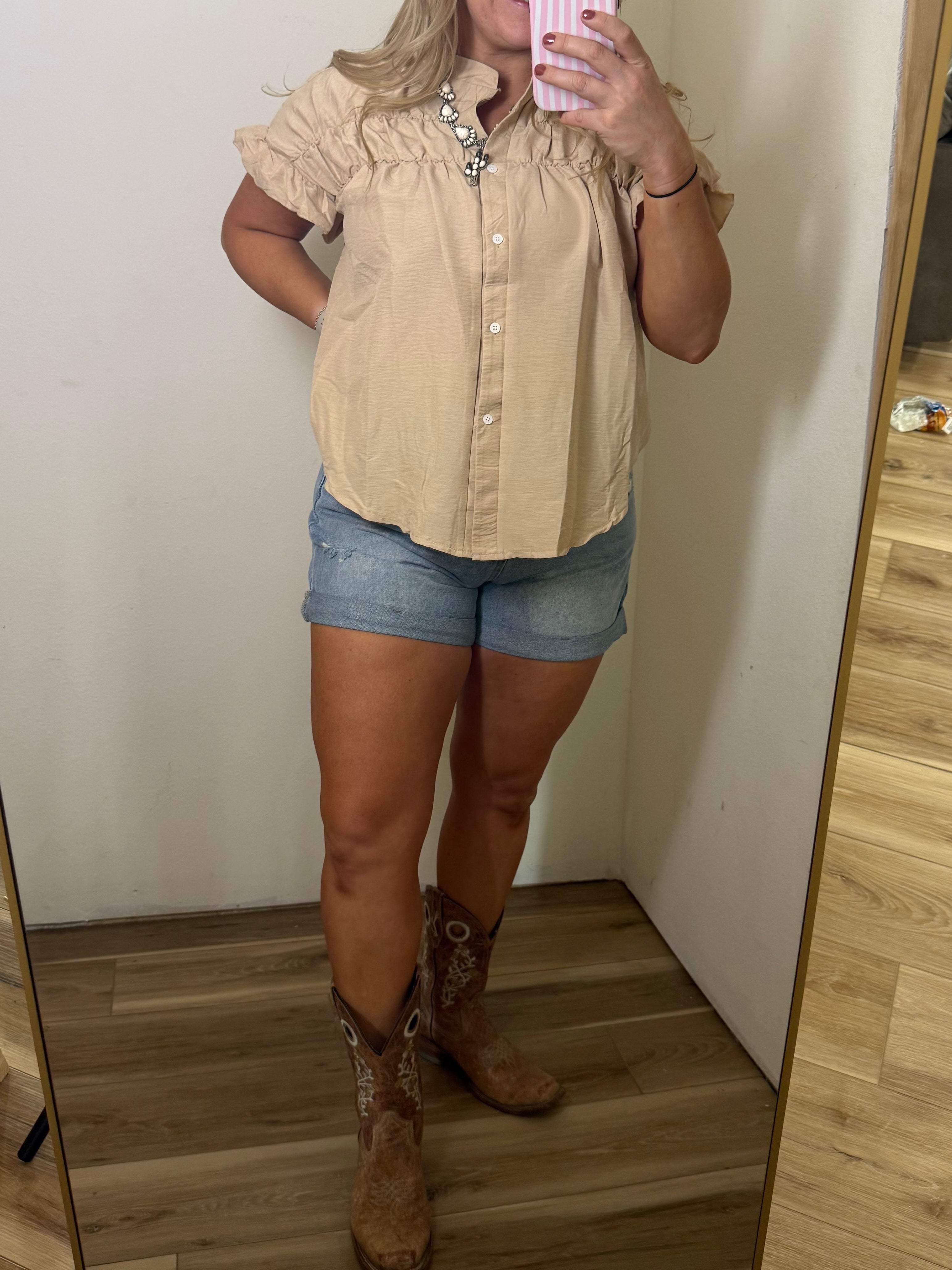 V-neck Short Sleeved Pleated Top
