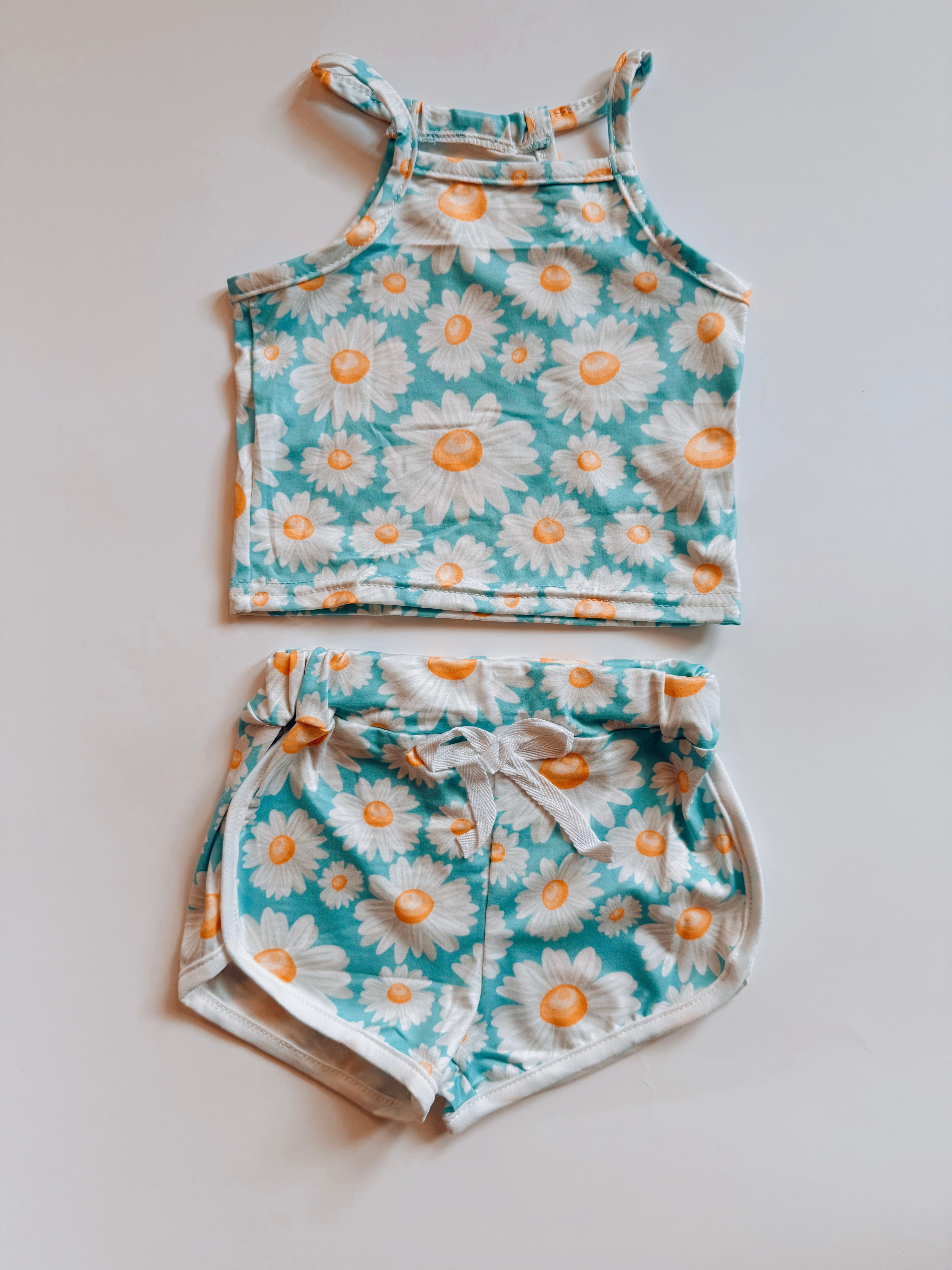 Daisy Flower Print Summer Set – Girls Light Blue Outfit