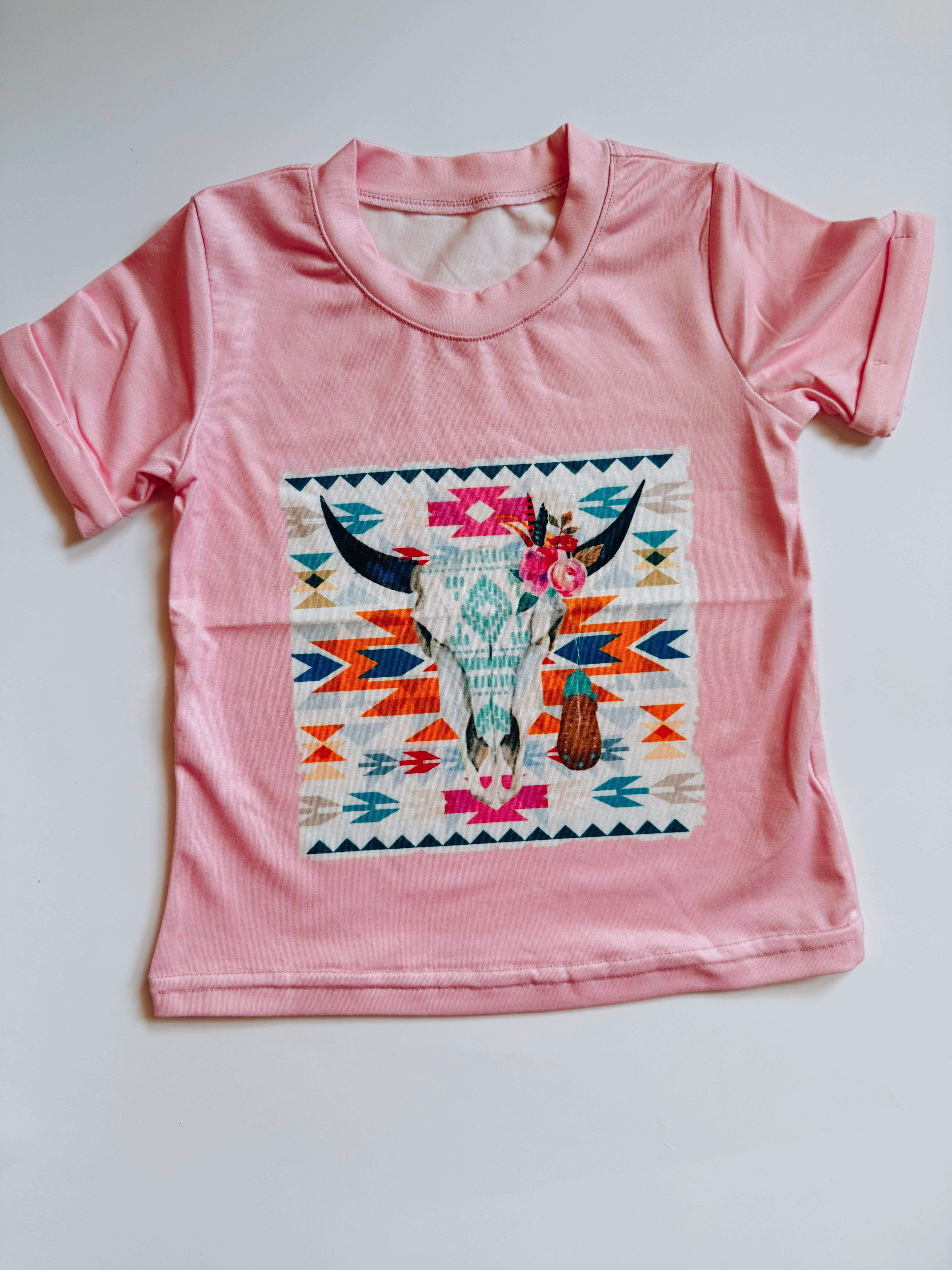 Girls’ Pink Cow Skull Aztec Print Western Tee