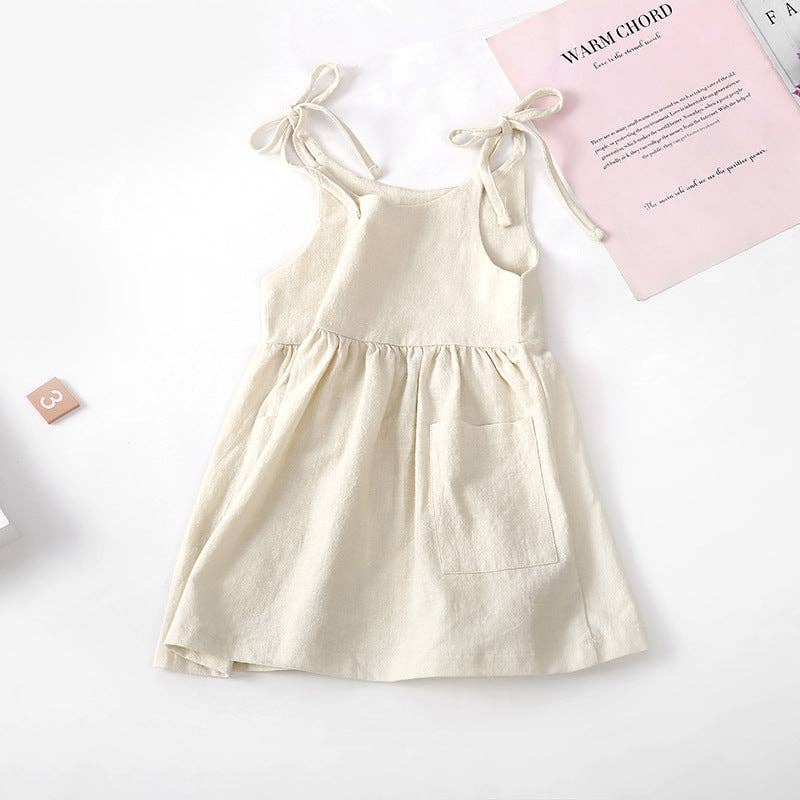 Summer solid color cotton linen pocket suspender dress