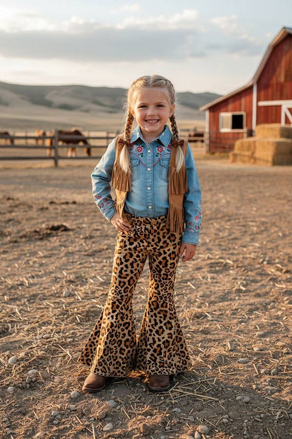Brown Leopard Print Flare Jeans – Girls Denim Pants
